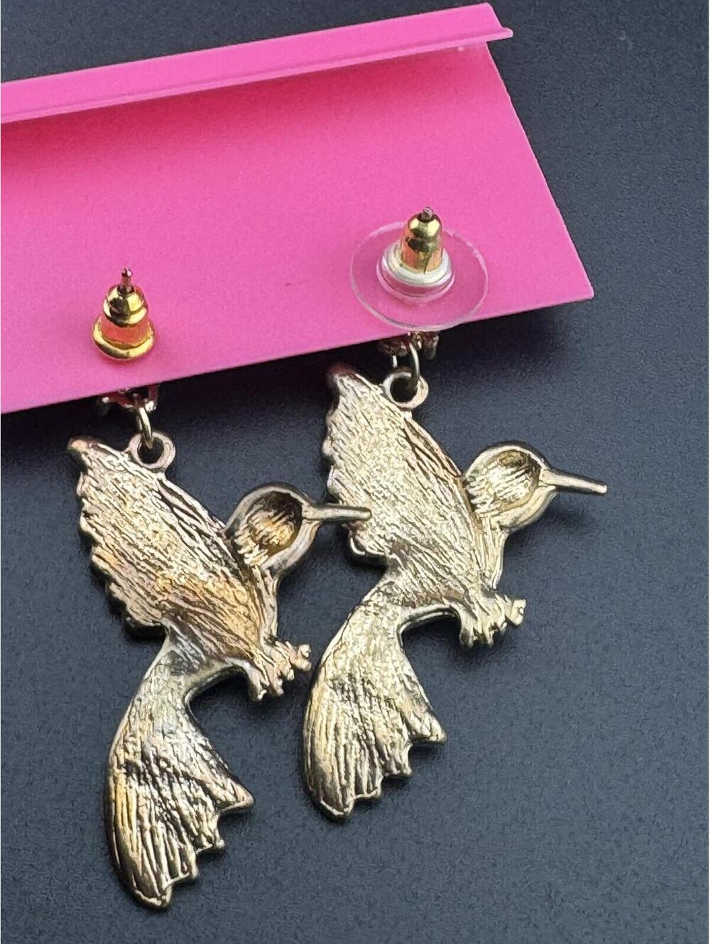 Betsey Johnson Hummingbird Drop Earrings Multicolor Enamel - Picture 2 of 2